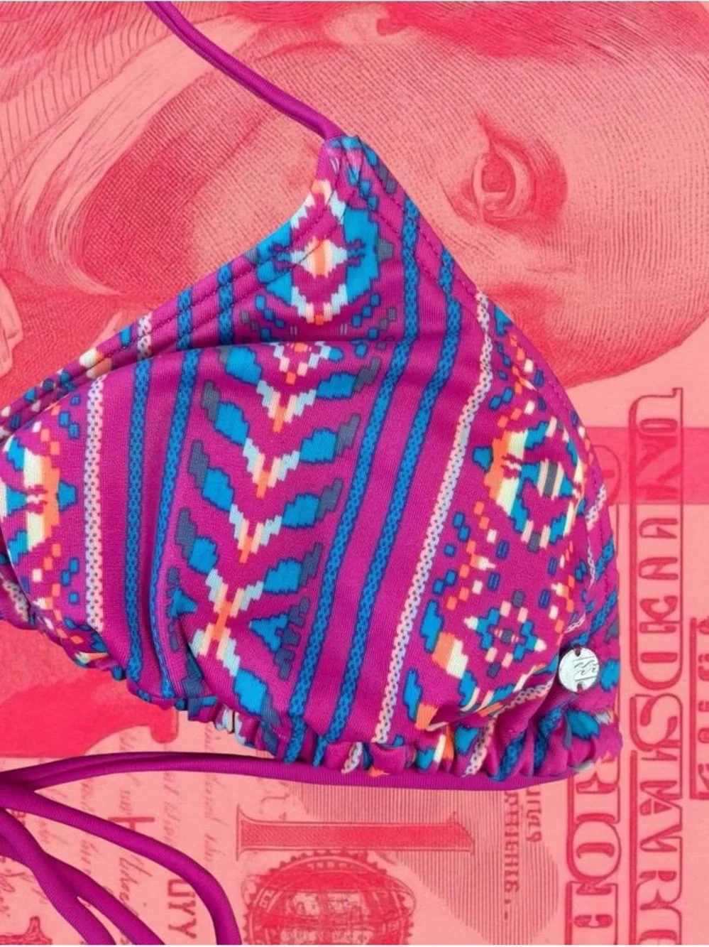 billabong y2k pink and purple paisley tribal pattern print triangle bikini top s